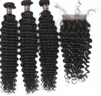 Virgin Brazilian Deep Wave Hair 3 Bundles With Lace Closure