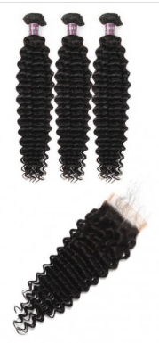 Virgin Brazilian Deep Wave Hair 3 Bundles With Lace Closure